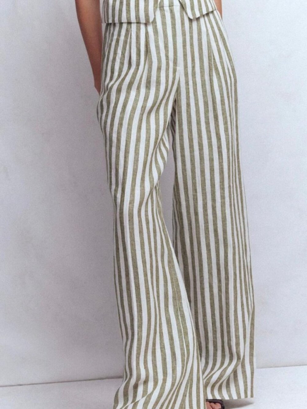 Boden Olive Ivory Stripe Linen Vest & Wide Leg Pants Set Size 8 - Picture 4 of 13